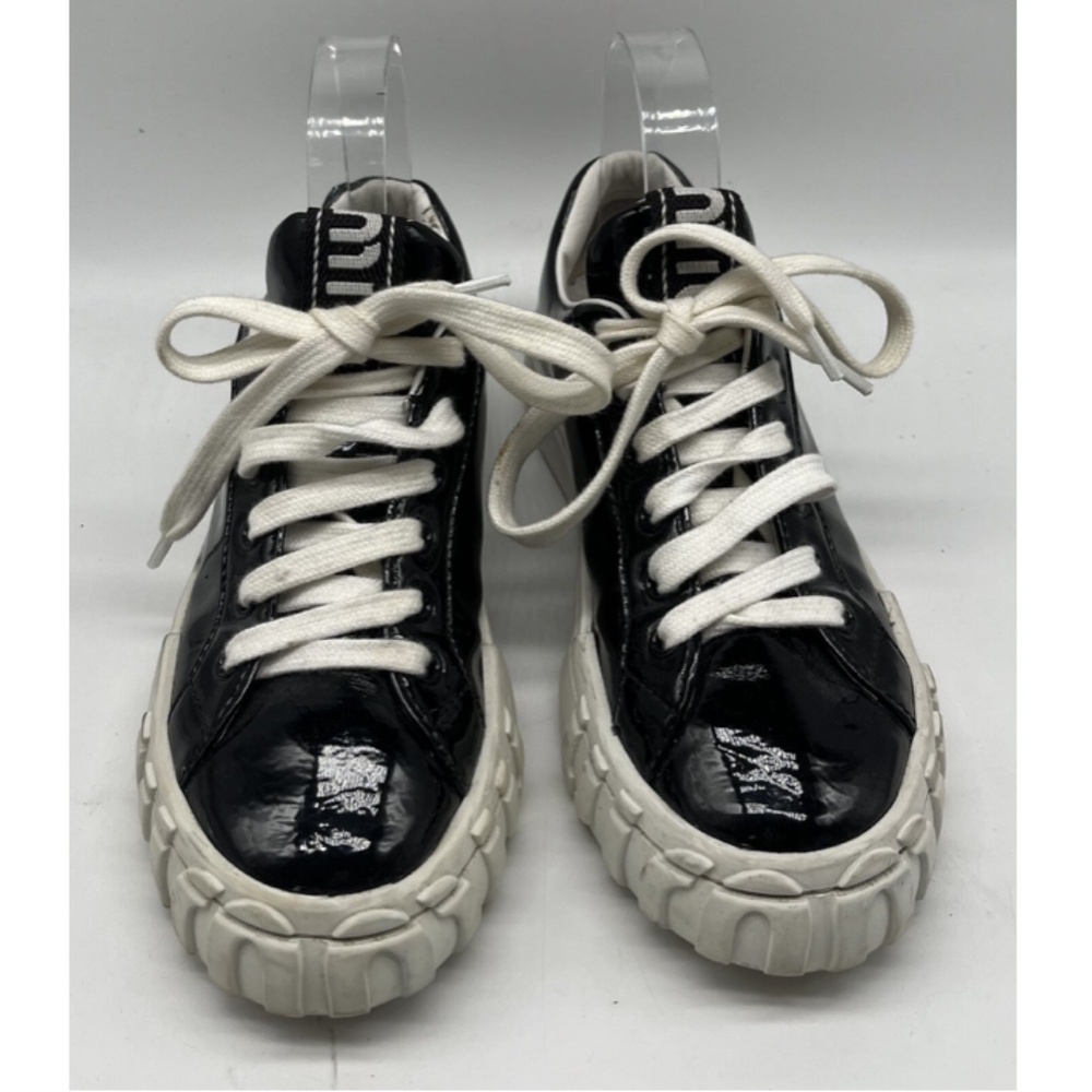 Miu Miu Black Patent Leather Logo-Printed Lace-Up Low-Top Sneaker sz 35